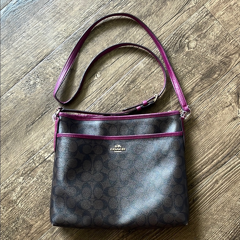 Coach Brown and Purple Crossbody Bag with Signature Monogram